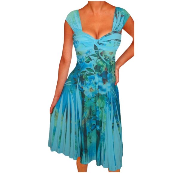 Blue Green Tropical Midi Dress 18/20 Empire Waist Slinky Stretch Sweetheart Neck - Picture 3 of 9
